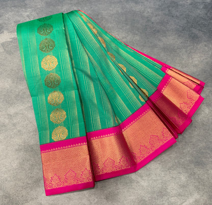 Vegan Silk Saree Emerald Green Colour Saree with Pink Colour Contrast Border