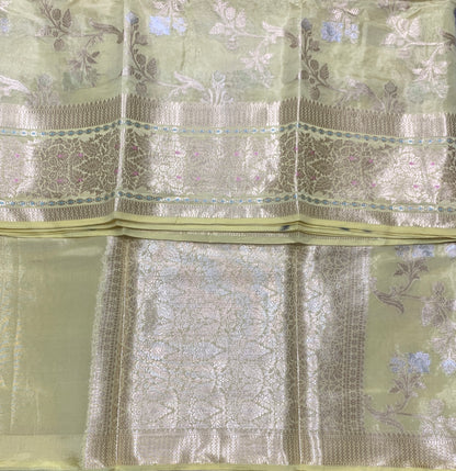Meenakari Banaras Tissue Silk Saree Pastel Lime Green Colour