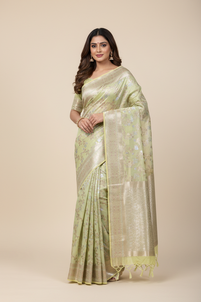 Meenakari Banaras Tissue Silk Saree Pastel Lime Green Colour