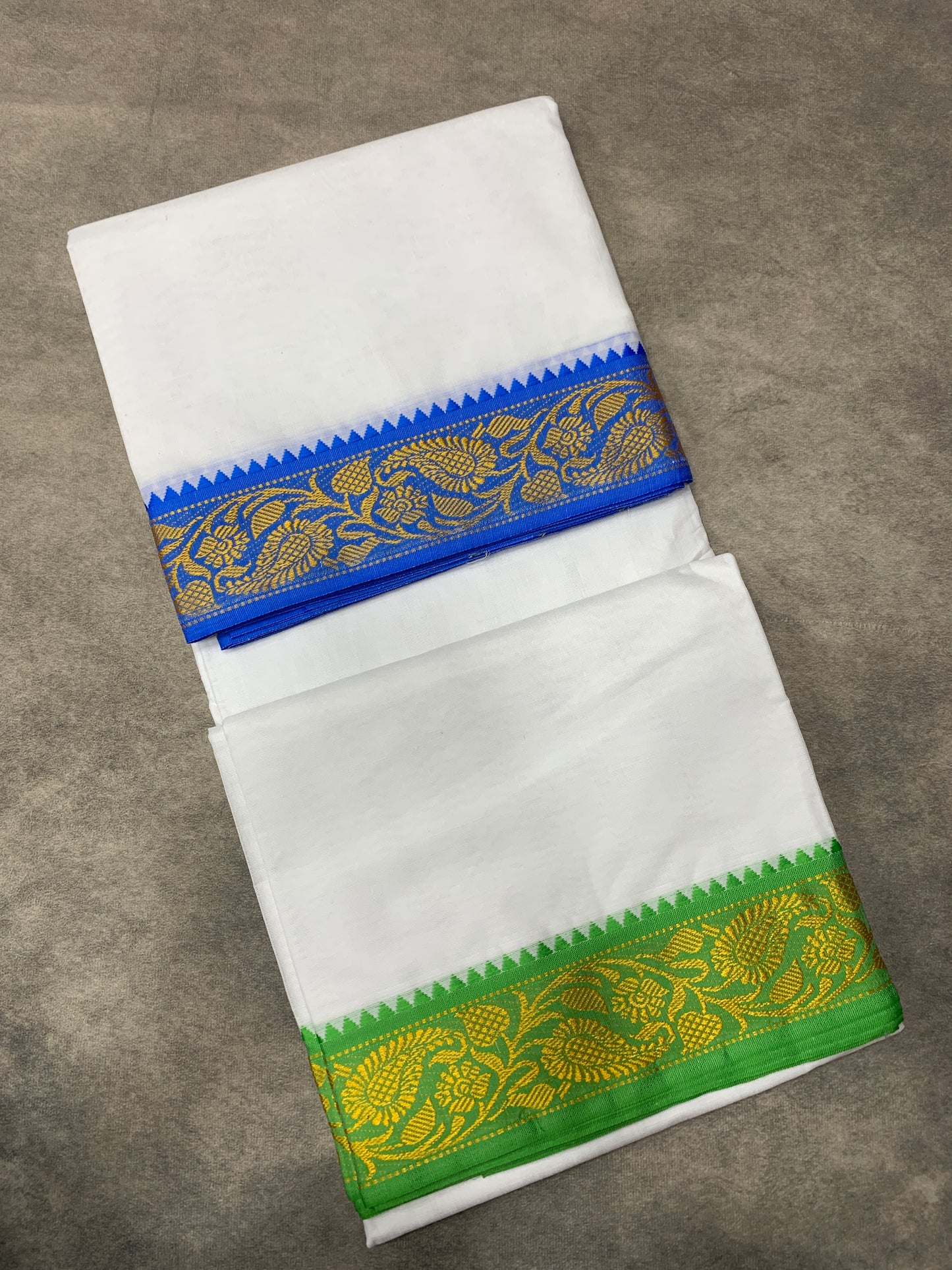 9X6 Cotton Dhoti White Colour with Blue and Light Green Border with Angavastram