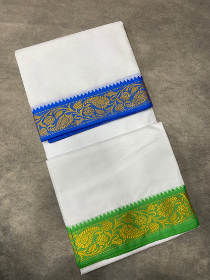 9X6 Cotton Dhoti White Colour with Blue and Light Green Border with Angavastram