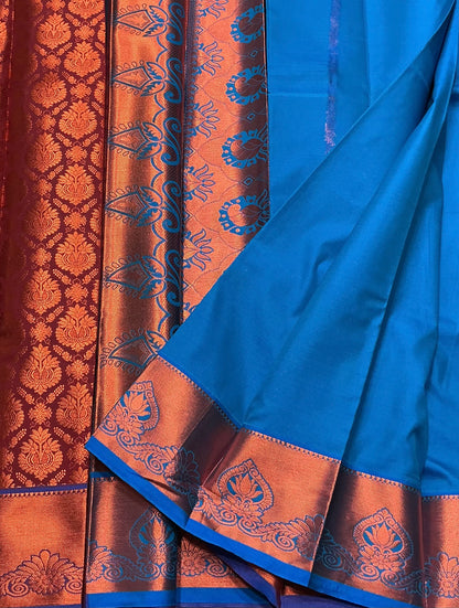 Vegan Silk Saree Dark Maroon Colour with Copper and Blue Border
