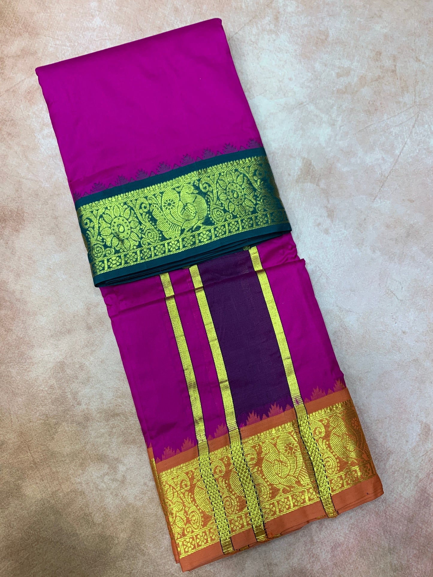 9X5 Pure Silk Dhoti Pink Colour with Green and Orange Ganga Jamuna Border