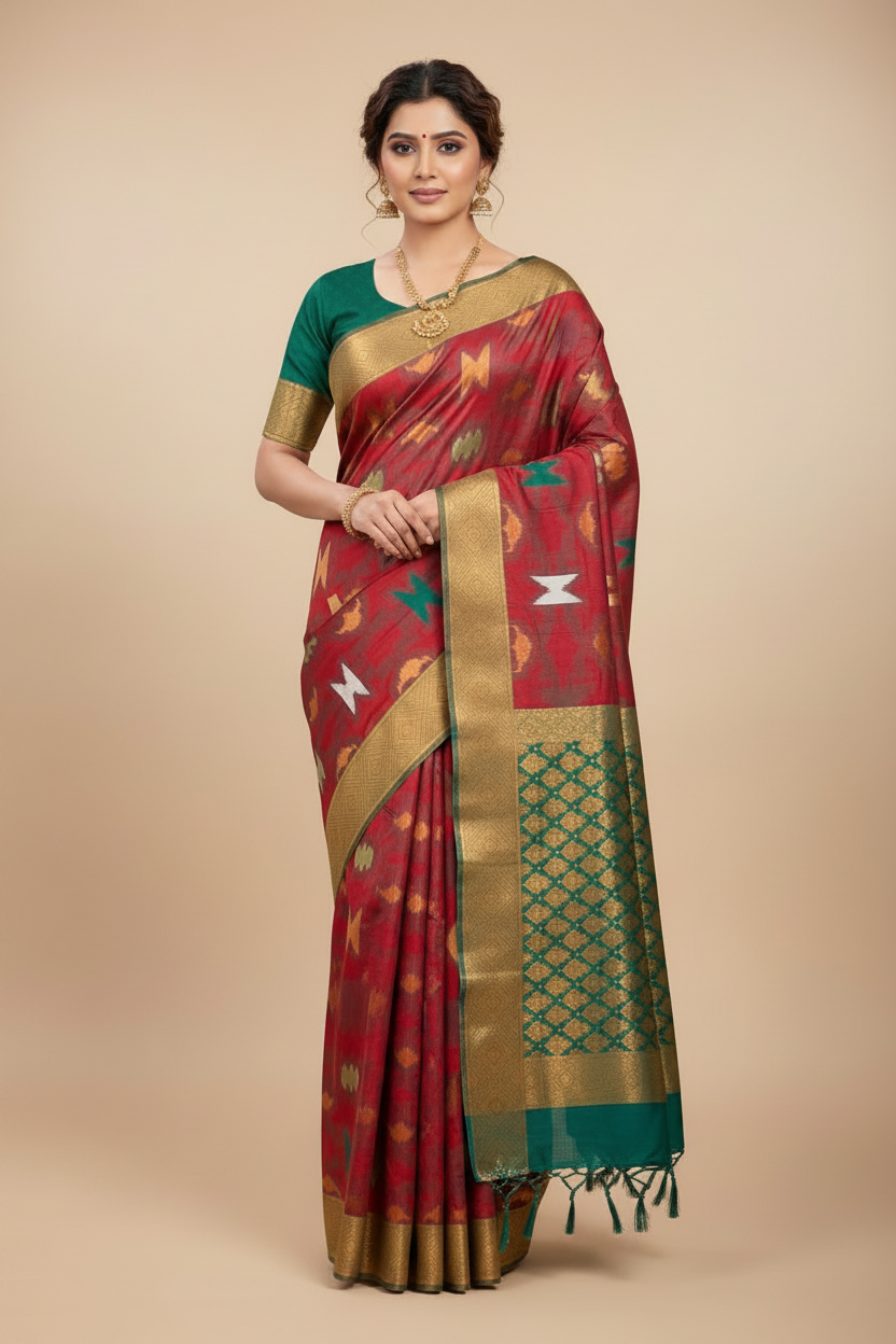 Pochampalli Semi Silk Saree Maroon Colour with Green Border