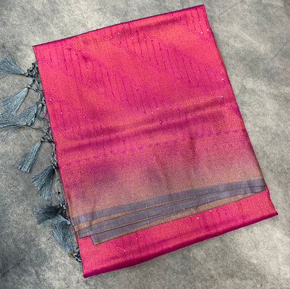 Soft Silk Saree Pink Colour and Stone Work with Gray Colour Pallu