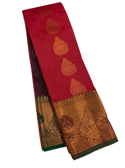 Vegan Silk Saree Maroon Colour with Copper and Green Border