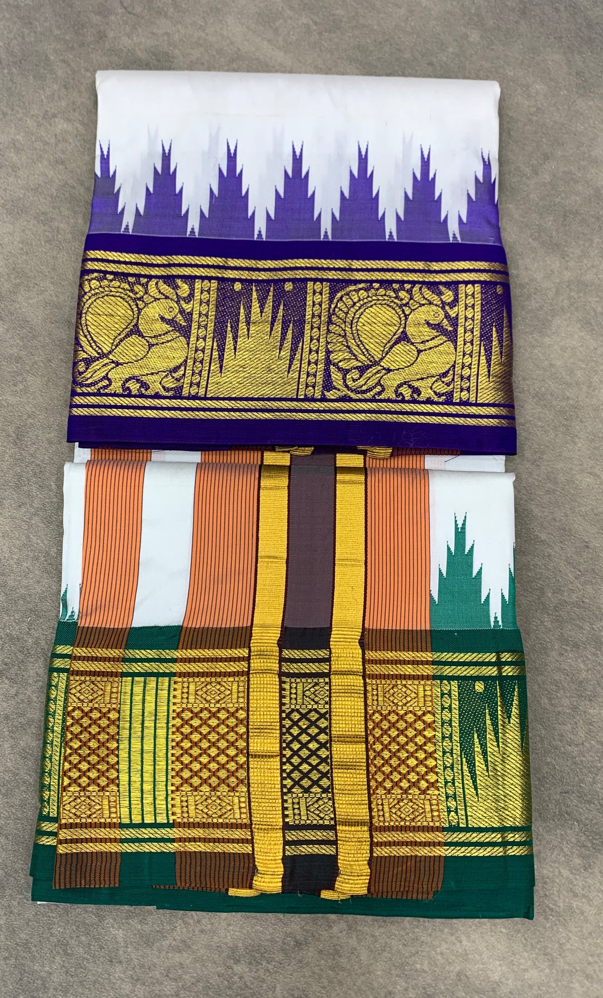 6 Mulam Silk Pooja Towel White Colour with Ganga Jamuna Korvai Border