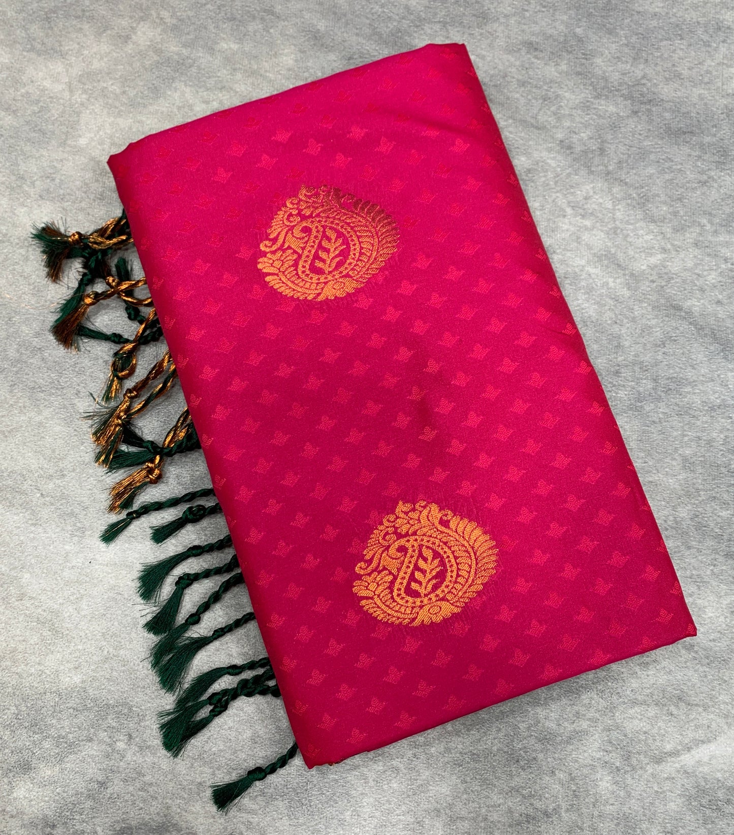 Soft Vegan Silk Saree Tomato Pink Colour with Green and Copper Border
