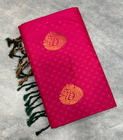 Soft Vegan Silk Saree Tomato Pink Colour with Green and Copper Border