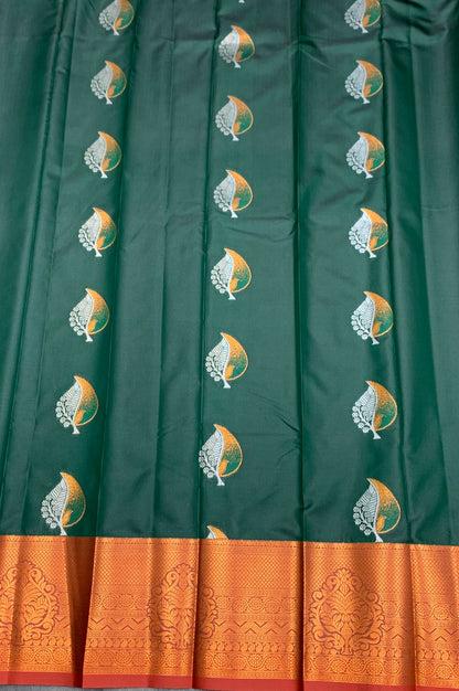 Soft Silk Casual Saree Green Colour with Maroon Colour Border