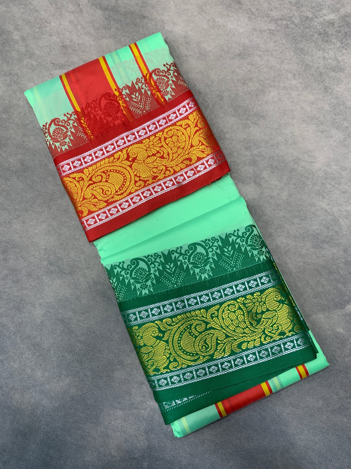 Art Silk Dhothi 9X5 Mint Green Colour with Red and Green Colour Ganga Jamuna Border
