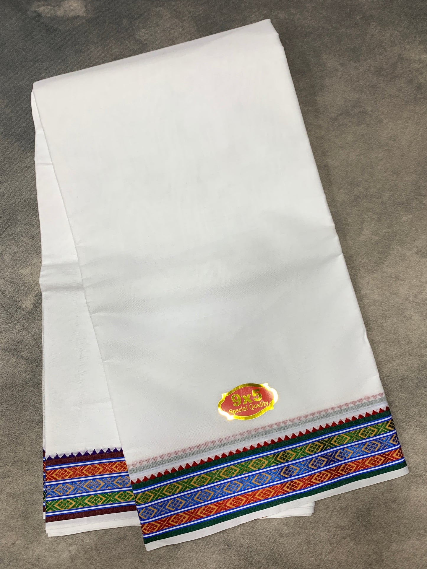 9X5 Cotton Dhoti White Colour with Blue and Green, Red Border with Angavastarm