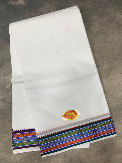 9X5 Cotton Dhoti White Colour with Blue and Green, Red Border with Angavastarm