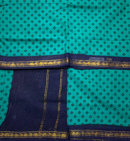 9 yards Cotton Saree Rama Green with Navy Blue Border