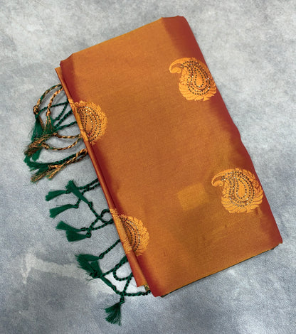 Soft Vegan Silk Saree Brown Colour with Green and Copper Border