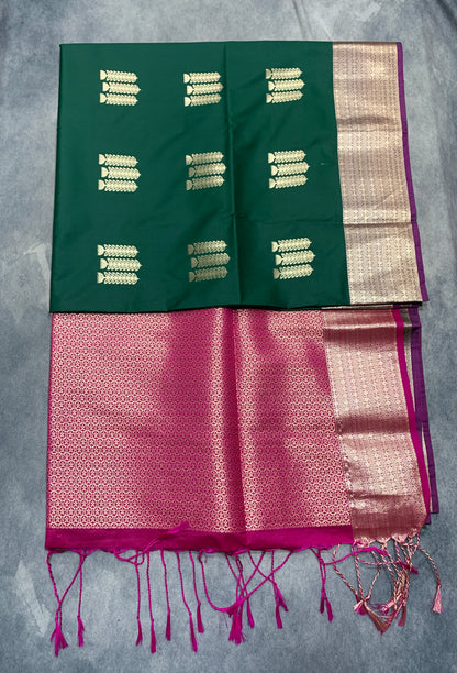 Soft Vegan Silk Saree Green Colour with Magenta and Sliver Border