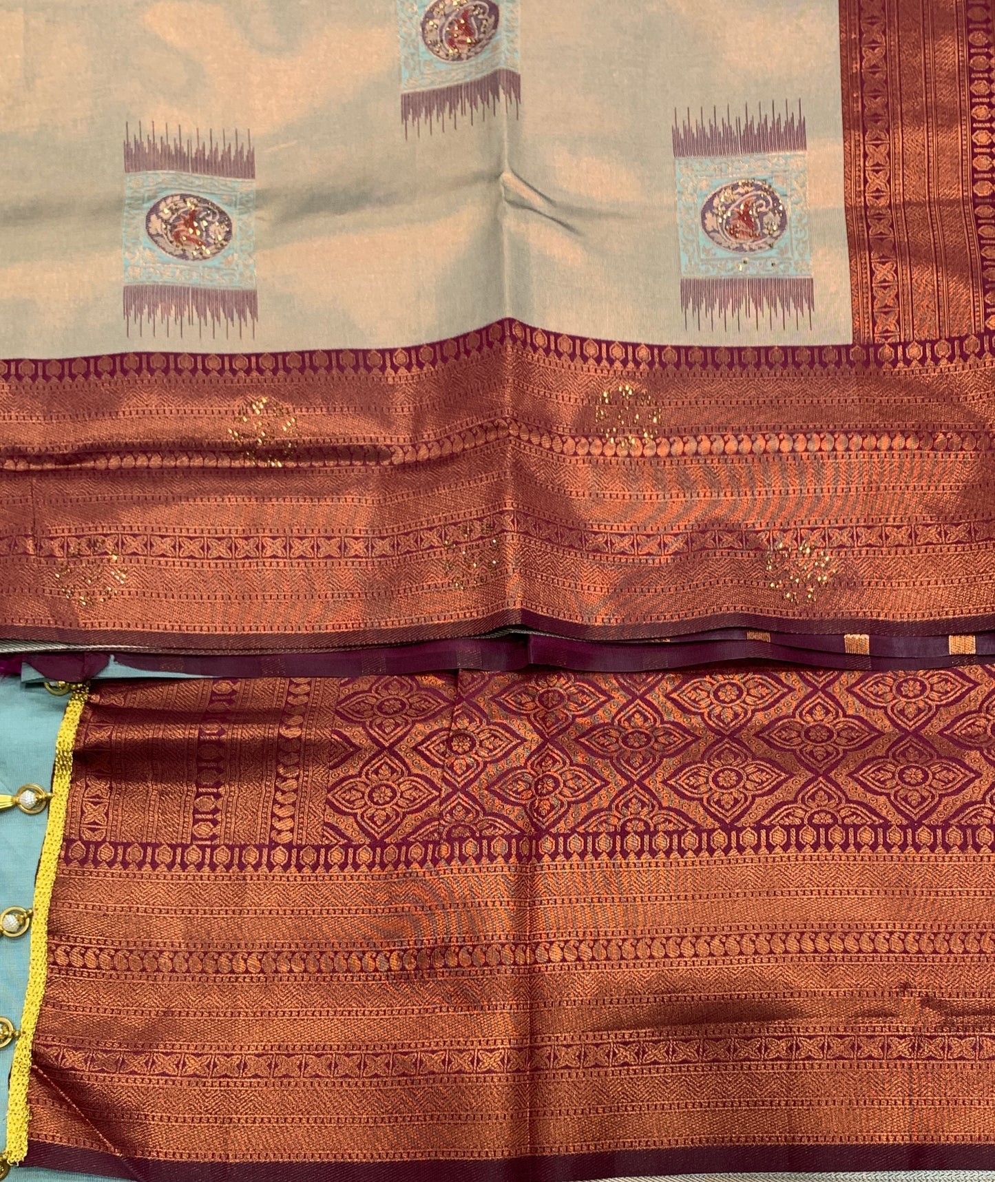 Art Silk Saree Light Gray Colour and Stone Work with Magenta Border