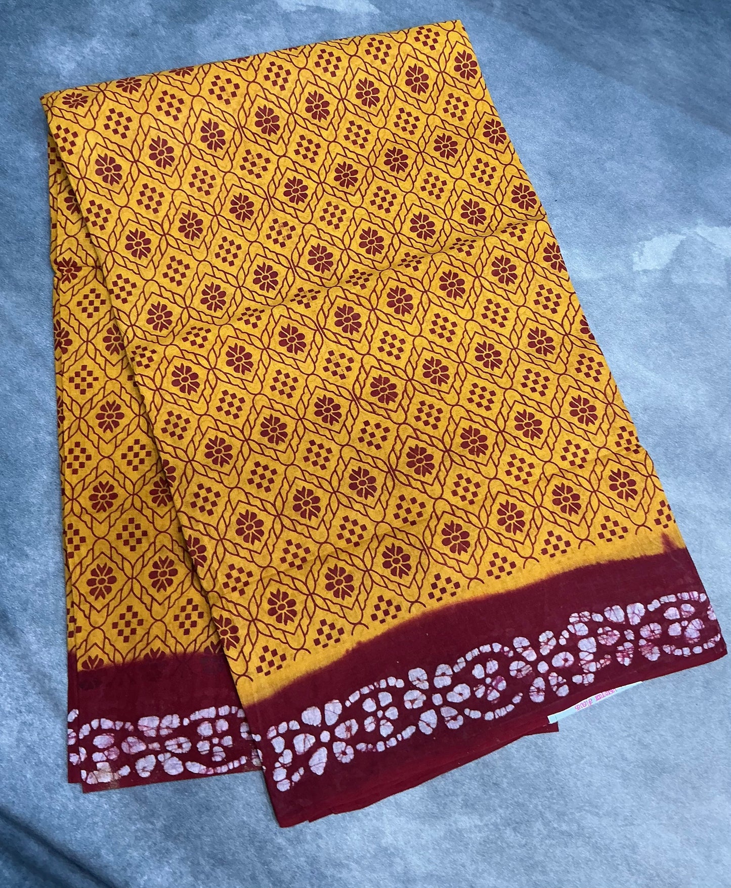 Chettinad Sungudi Cotton Mustard Yellow Colour with Maroon Colour Border