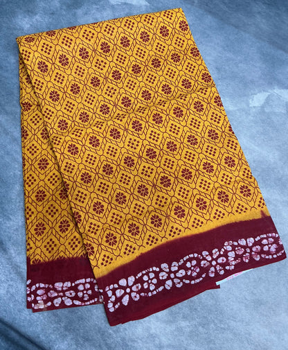 Chettinad Sungudi Cotton Mustard Yellow Colour with Maroon Colour Border