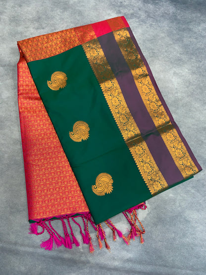 Soft Vegan Silk Saree Green Colour with Rettai Pettu Border