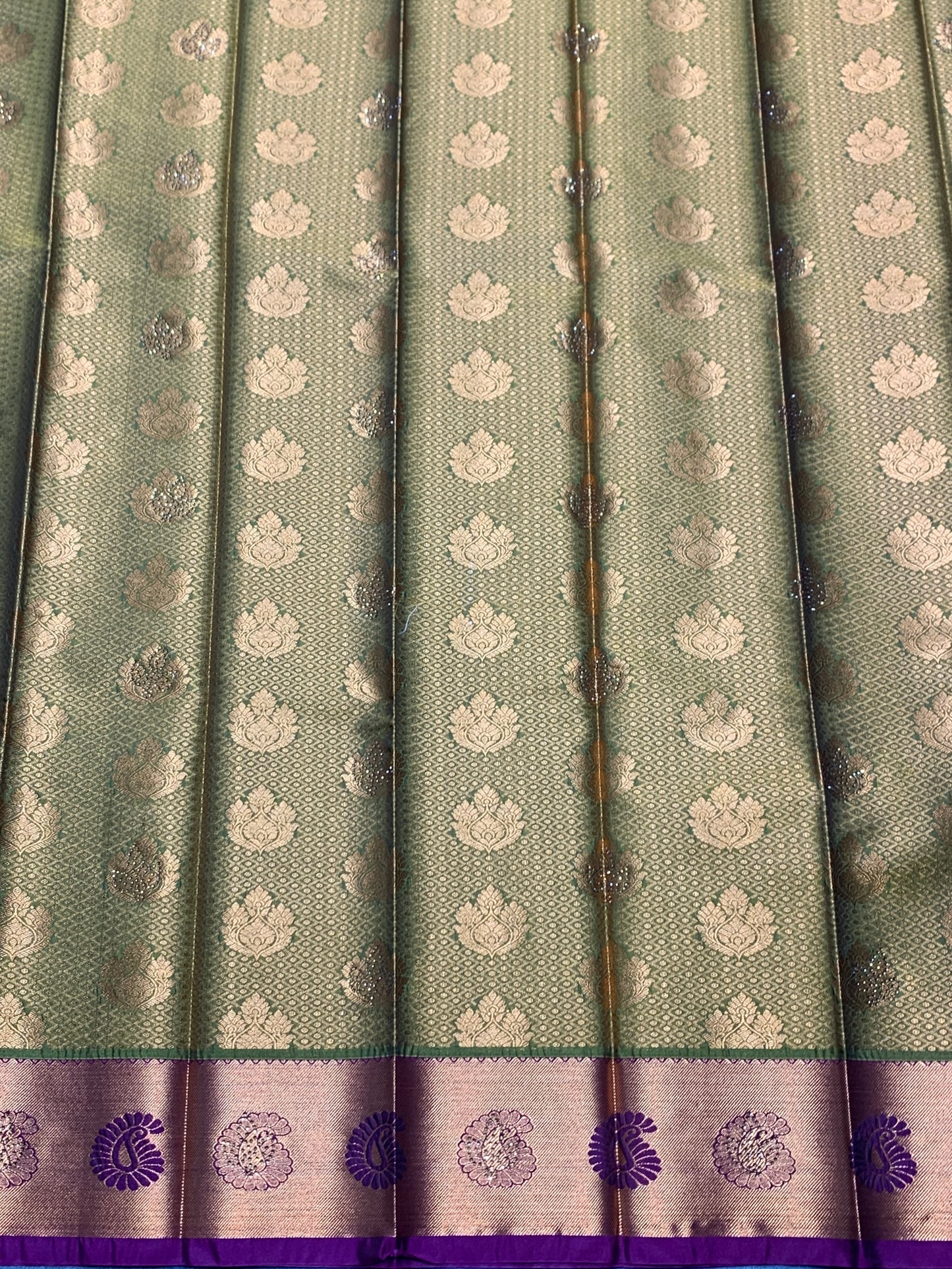 Vegan Silk Saree Olive Green Colour with Copper and Magenta Border