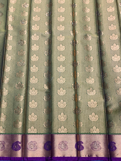 Vegan Silk Saree Olive Green Colour with Copper and Magenta Border