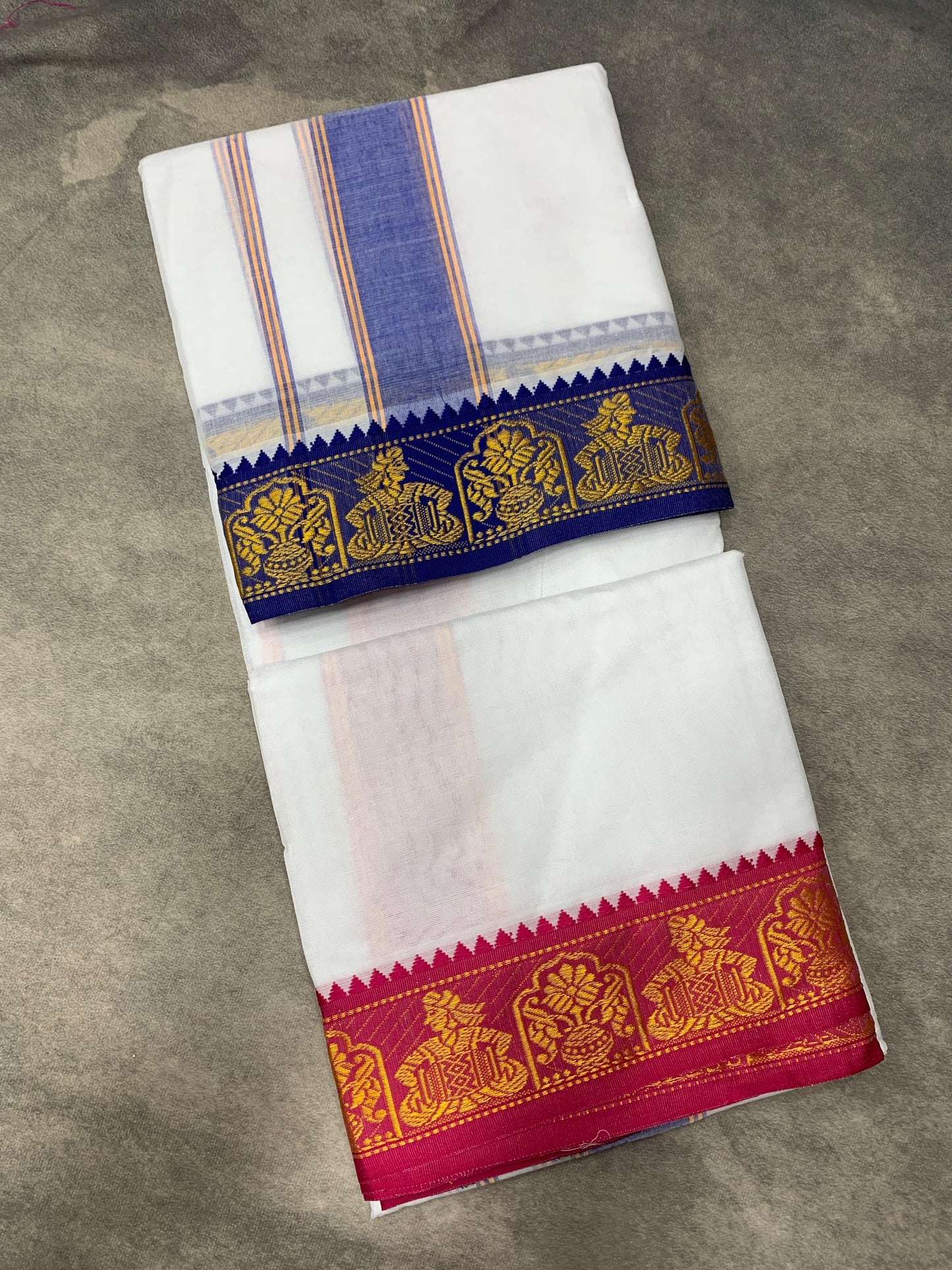 9X6 Cotton Dhoti White Colour with Blue and Pink Border with Angavastram