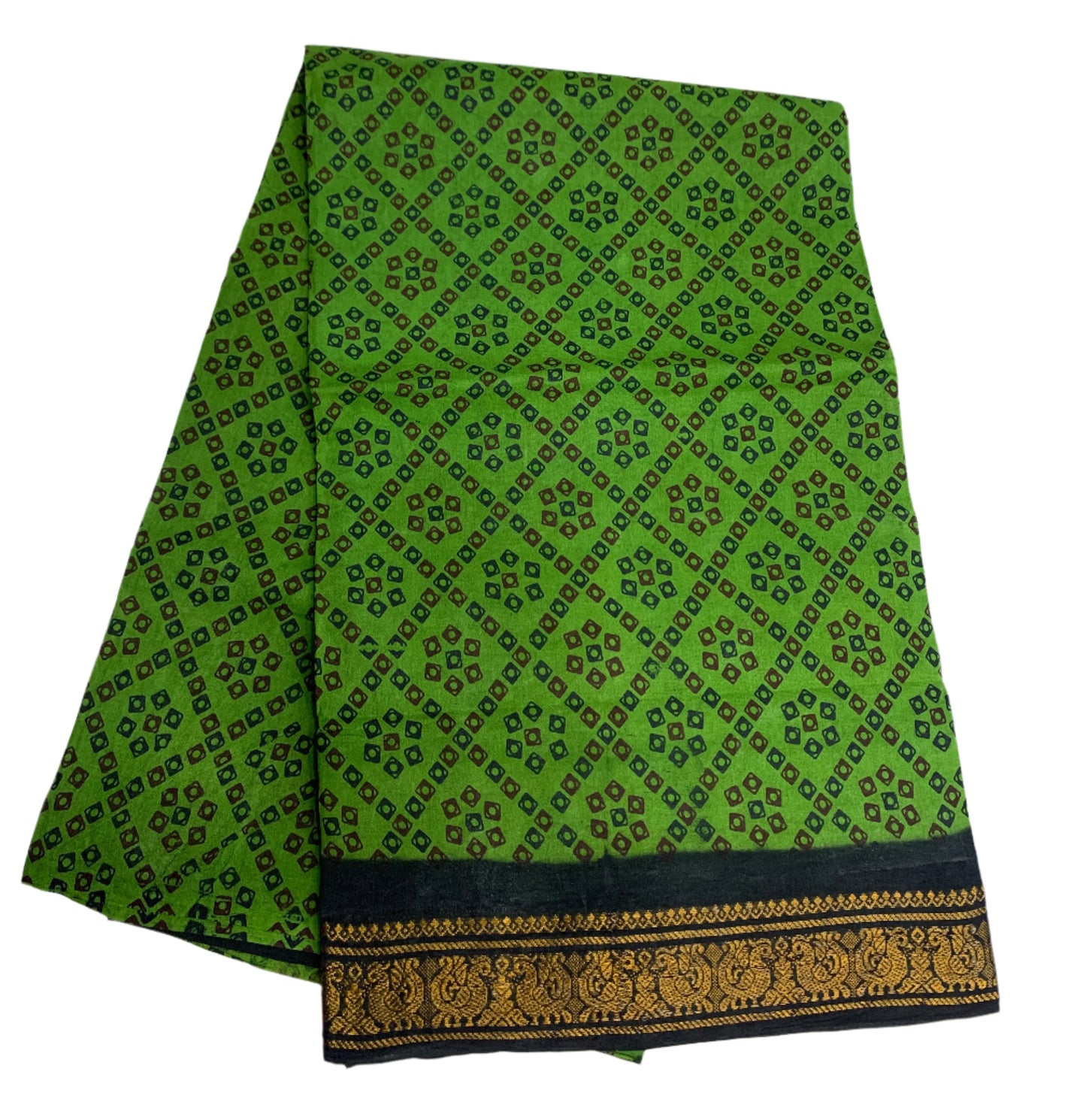 Chettinad Sungudi Cotton Olive Green Colour with Block Green Border