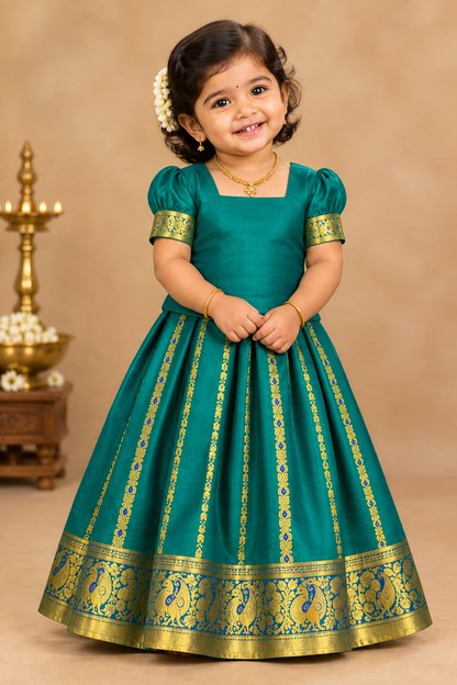 Peacock Green Shade Pure Kanchipuram Kids Pattu Pavadai with Contrast Border for Newborn to 2 Years