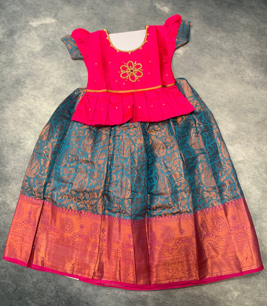 Ready To Wear Sky Blue Pavadai with Contrast Pink Blouse