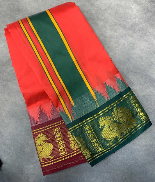 Art Silk Dhothi 9X5 Red Colour with Green and Maroon Colour Ganga Jamuna Border