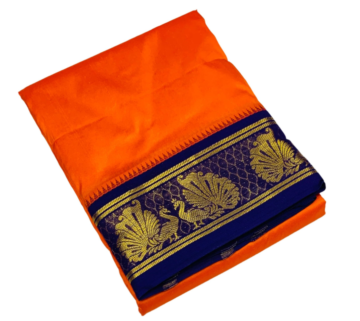 9X5 Pure Silk Dhoti Orange Colour Blue Border