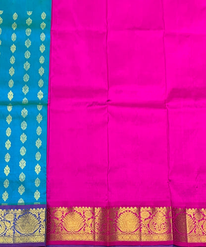 Sky Blue Shade Pure Kanchipuram Kids Pattu Pavadai with Contrast Border for Newborn to 2 Years