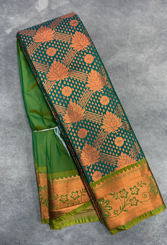 Vegan Silk Saree Rama Green Colour with Light Green and Copper Border