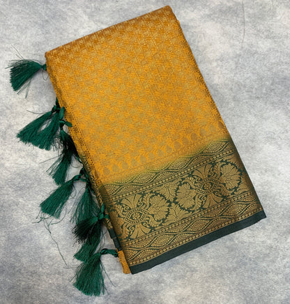 Crepe Saree Mustard Colour with Green Border