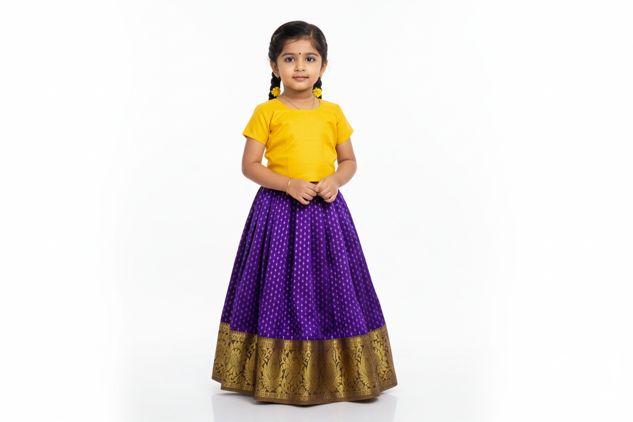 Violet Shade Pure Kanchipuram Kids Pattu Pavadai with Contrast border for age 2 to 5
