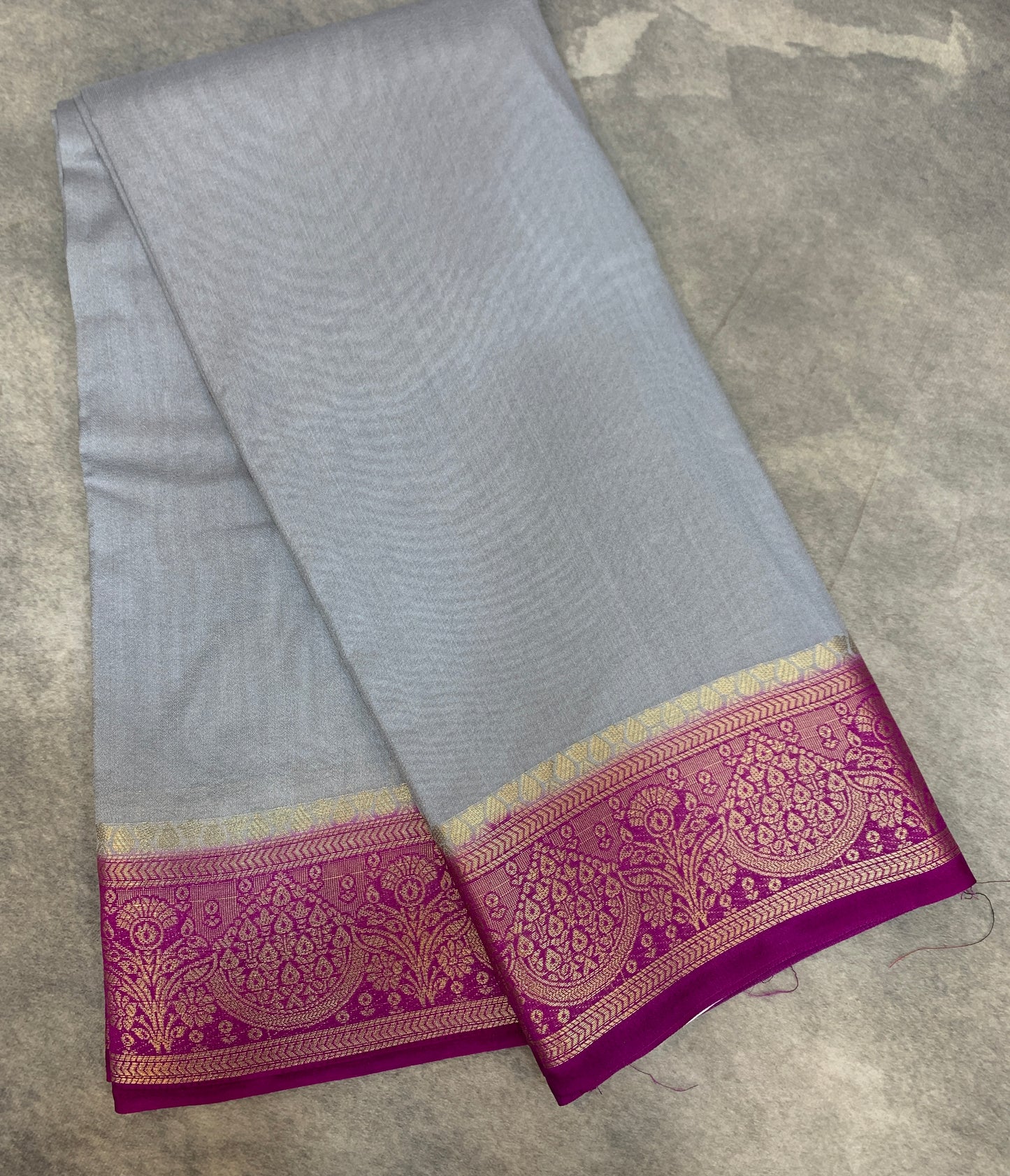 Crepe Saree Gray Colour with Magenta Border