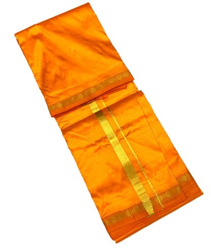 9X5 Pure Silk Dhoti Mango Yellow Small Border