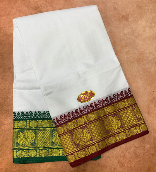 9X5 Cotton Dhoti White with Brown and Green Ganga Jamuna Border