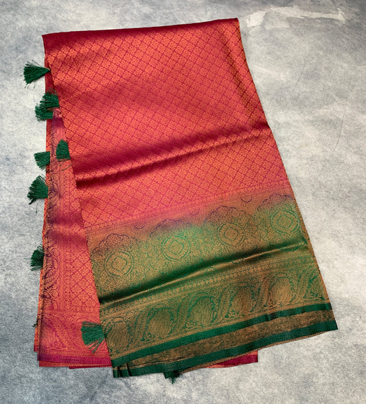 Soft Silk Saree Brown Colour with Green Colour Pallu