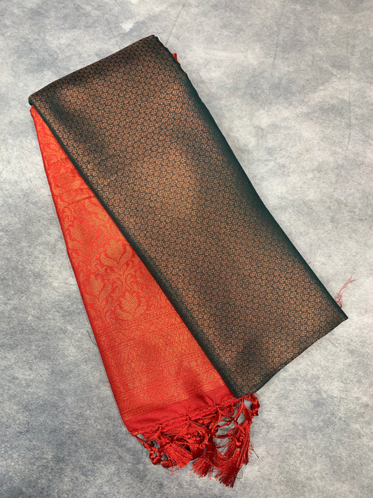 Soft Silk Saree Green Colour with Red Colour Pallu