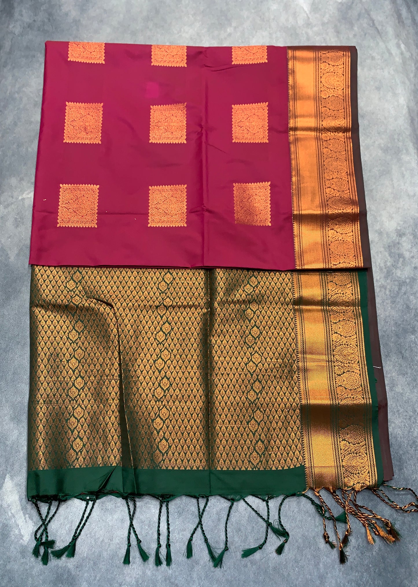 Soft Vegan Silk Saree Maroon Colour with Green and Copper Border