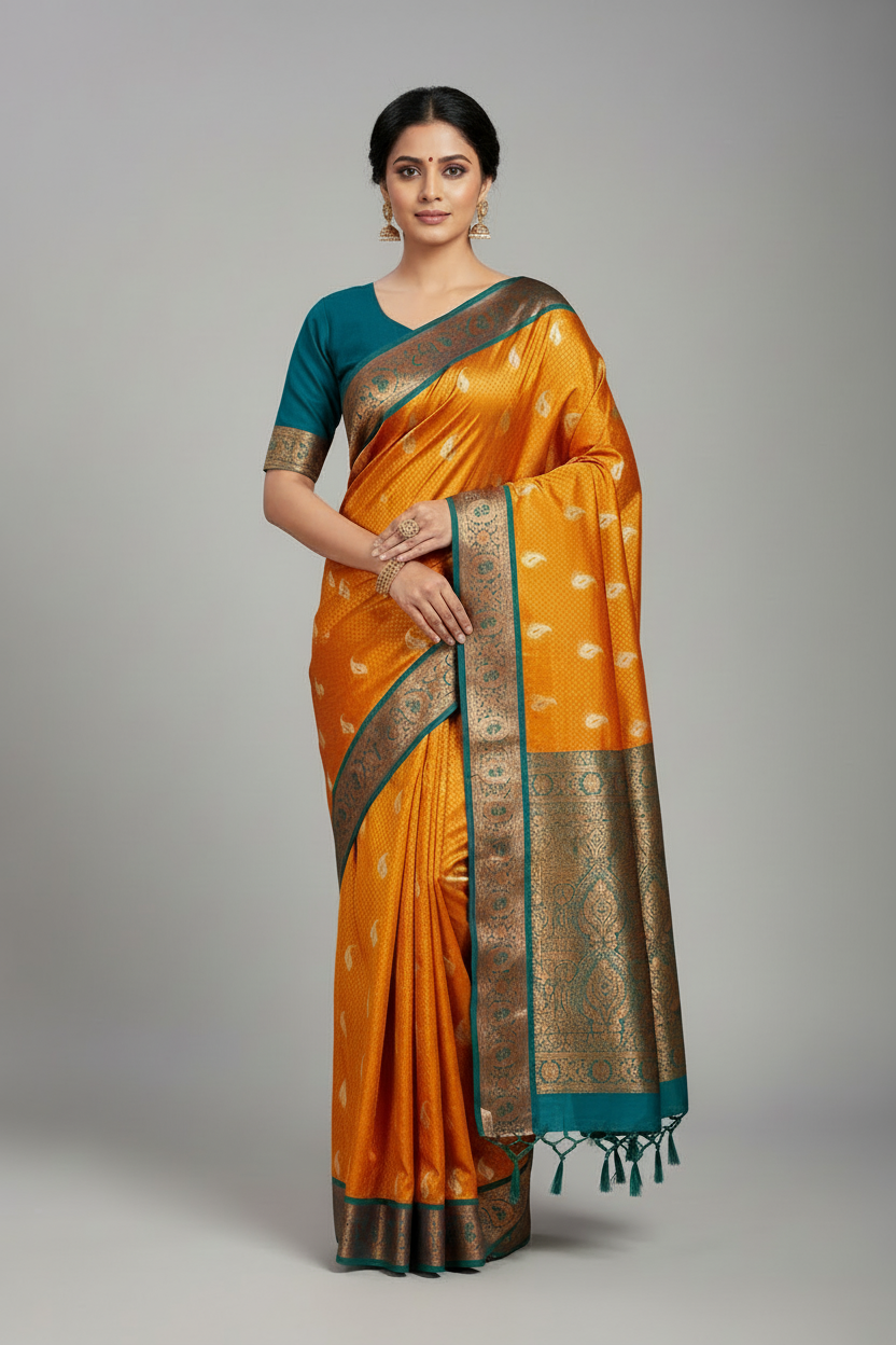 Bridal Vegan Silk Saree Golden Yellow shade with Rama Green Border with Unstitched blouse in Aari work