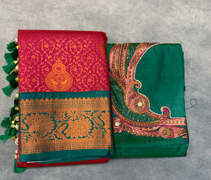 Bridal Vegan Silk Saree Red Colour with Rama Green Border with Unstitched blouse in Aari Work