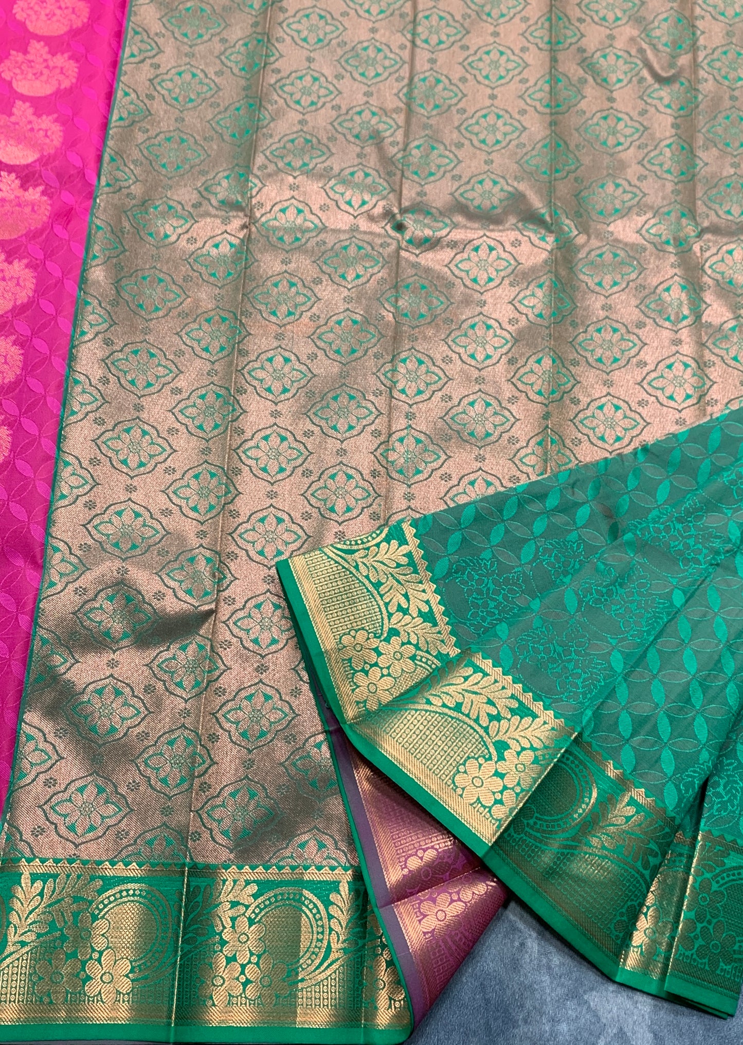 Vegan Silk Saree Pink Colour Saree with Copper and Floral Design