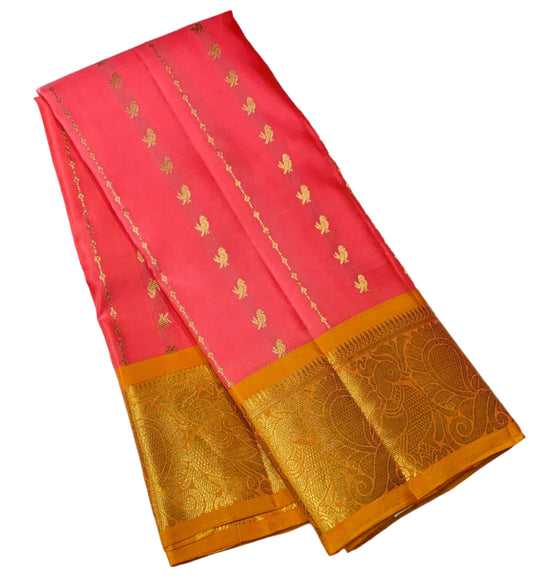 Pure Kanchipuram Silk Baby Pink Colour with Golden Yellow Border