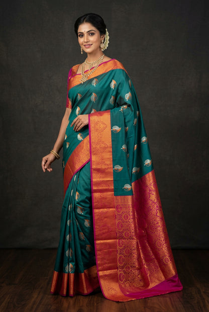 Soft Silk Casual Saree Peacock Blue with Magenta Colour Border