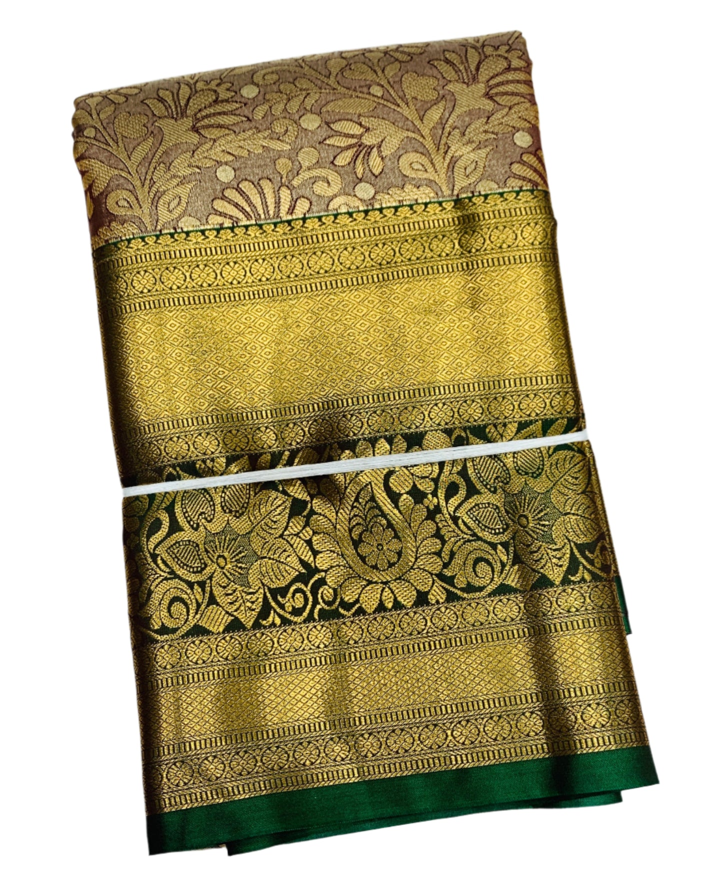 Brownish Gold Colour Soft Kanchi Tissue Pattu Saree with Green Border