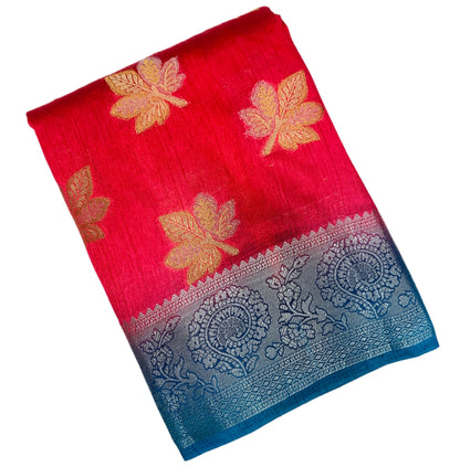 Tussar Saree Tomato Colour with Blue Border