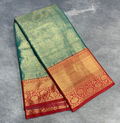 Fancy Tissue Saree Light Green Colour with Red Colour Floral Design Border